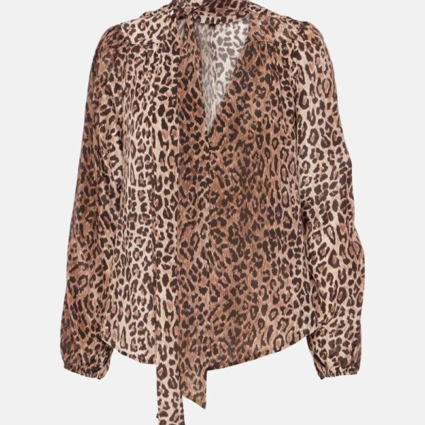 Silk Blouse Bow Collar Leopard