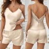 Silk Cami Shorts Set Contrast Trim Champagne Silk Cami Shorts Set Contrast Trim Champagne