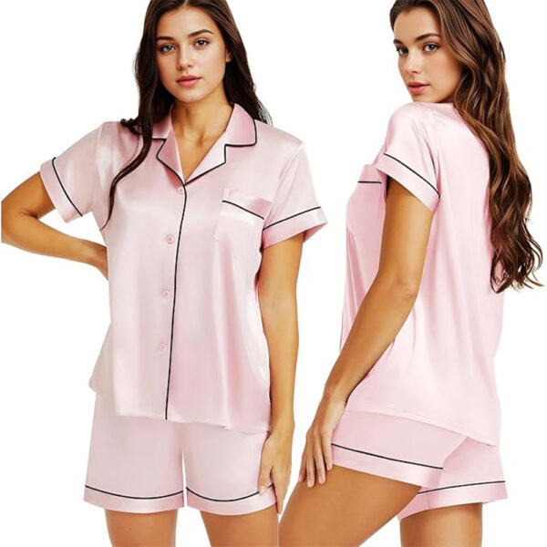 Silk Cami Shorts Set Contrast Trim Rose