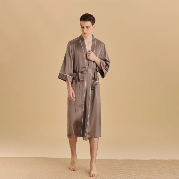 Silk Kimono Robe Piped Coffee Silk Kimono Robe Piped Coffee