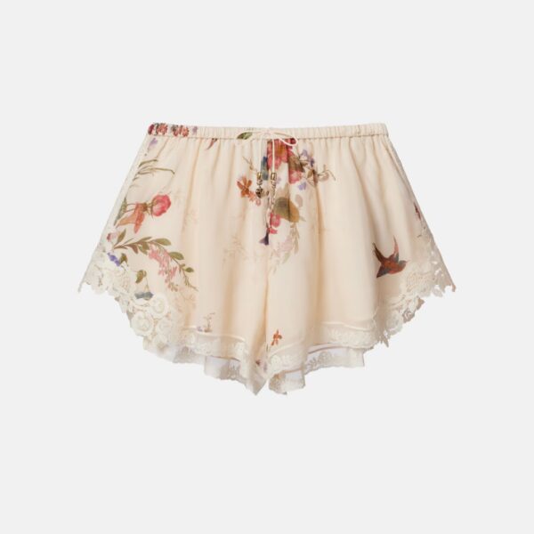 Pantaloncini da letto in seta a gamba larga con motivo floreale