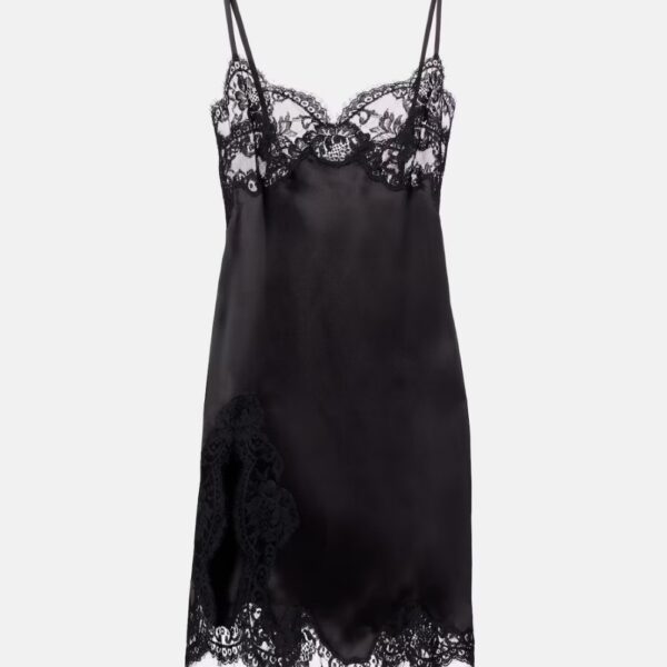 Silk Slip Nightgown Lace Trim Black