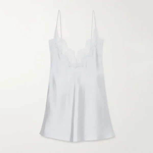 Camiseta de tirantes de seda con encaje y perlas Camiseta de tirantes de seda con encaje y perlas